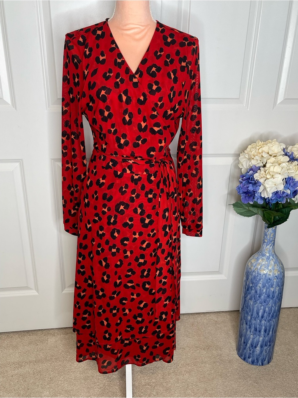 Cabi Siren Wrap Dress Red Multi Size L B10